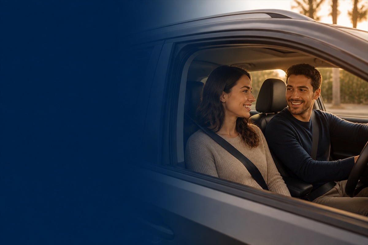 Casal sorrindo dentro de carro novo