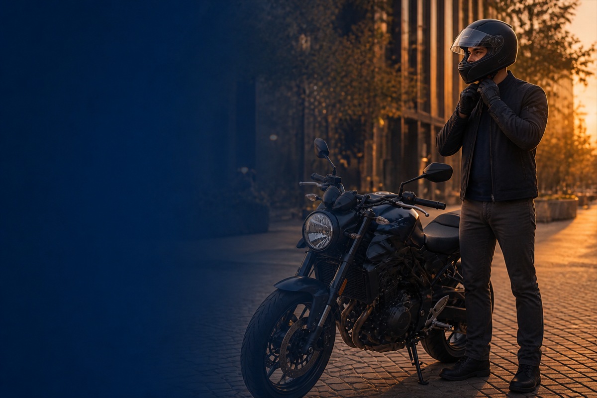 Motociclista colocando capacete